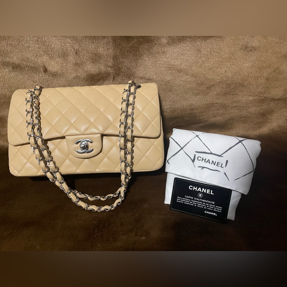CHANEL Classic Double Flap Medium Beige Lambskin Bag